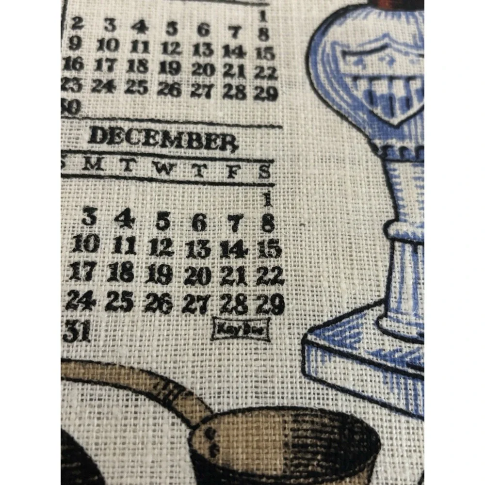1979 Vintage MCM Linen Calendar Tea Towel Wall Hanging Country Horses Folk Art